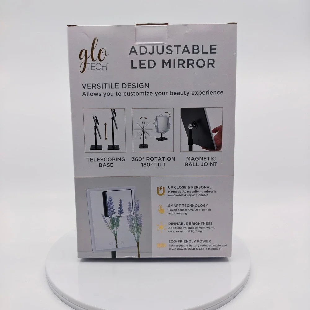 Glo Tech Adjustable LED Mirror 7X Magnifying Rechargeable 3 Light Settings Black